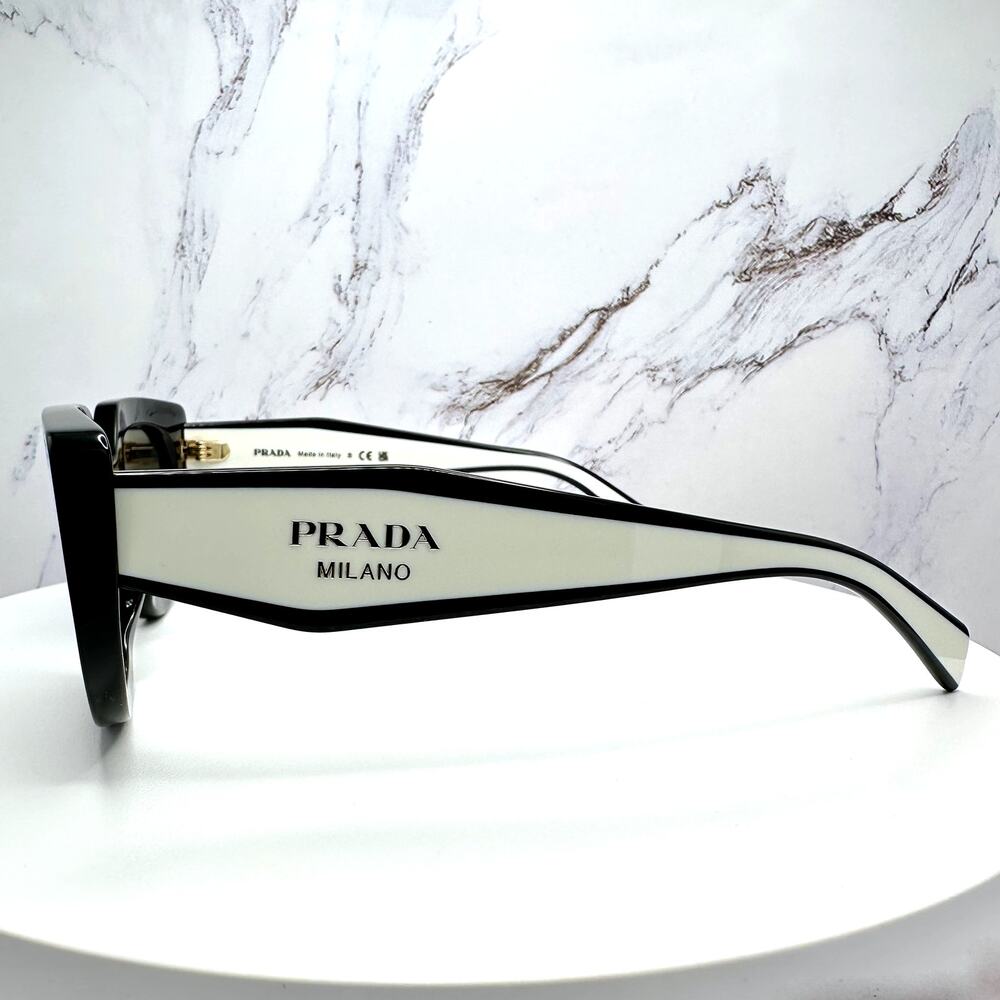 New PRADA Sunglasses Black White Talc Gold Symbole Oval Cat Eye Womens - Picture 8 of 16